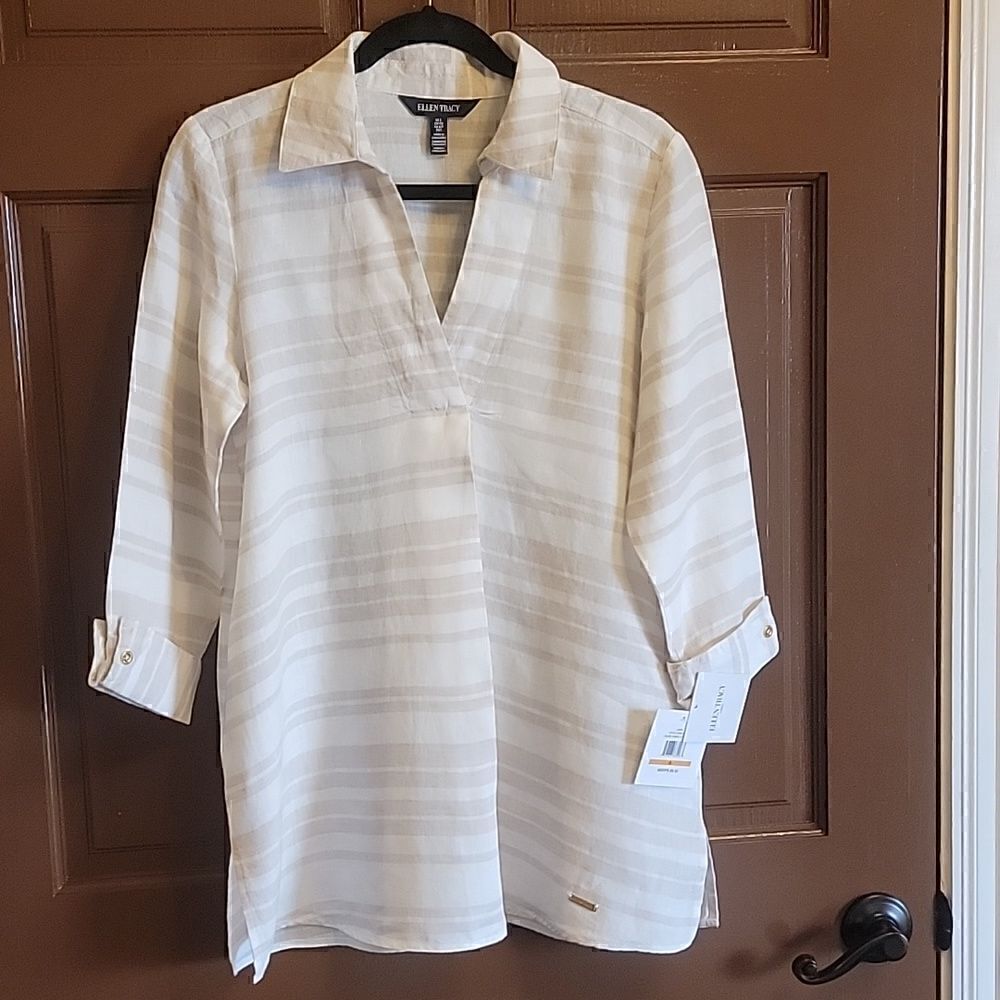 Ellen Tracy-Linen beige/white striped collared top with v-neck. Small. NWT. - Picture 1 of 8